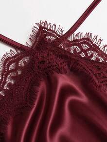 Sweetra Halter Neck Slim Fit Lace Patchwork Tie Design Sweet Minimalist Sexy Women's Summer Short Tank Top - Burgundy - View 6