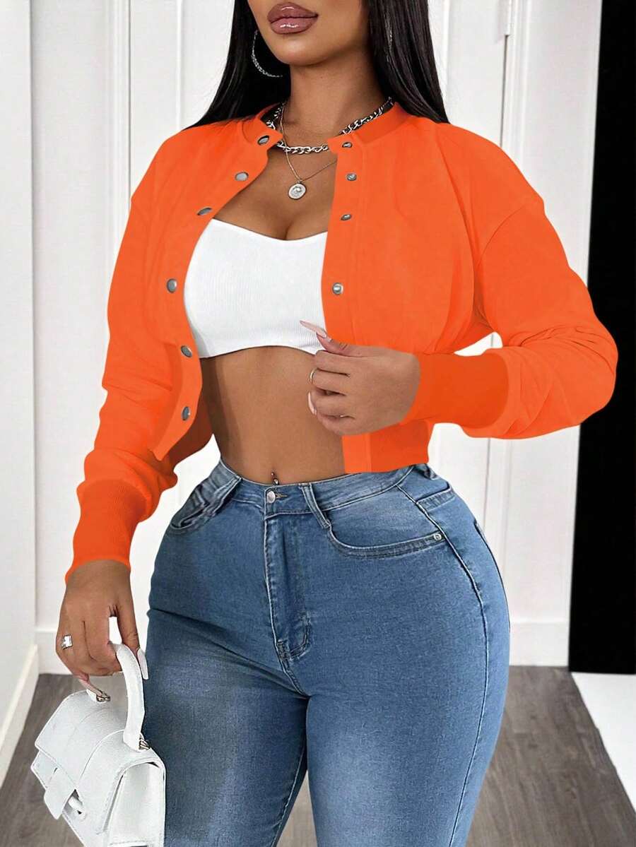 BamGleam 女式纯色长袖单排扣休闲棒球夹克 - 橘色 - 查看 1