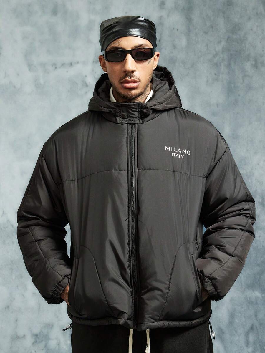 INCRYTM Men's Letter Print Zip-Up Casual Hooded Winter Coat, Winter , Fall - Black - View 1