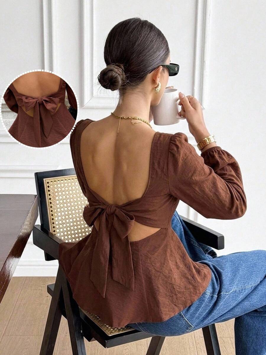Serisse Women's Elegant Coffee Brown Linen Boat Neck Backless Bow Decor Ruffle Hem Long Sleeves Blouse,Vacation Date Night Fashionable Top,Four Seasons Fall - Brown - View 1