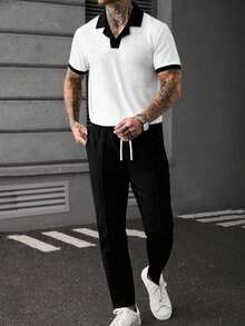 Manfinity CasualCool 男士夏季休閒 Polo 衫與長褲套裝 - 黑色 - 查看 3