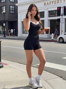 Gameset SHEIN Sport Contrast Trim Halter Neck Sports Modest Athleisure Tank Top Gym Black And White Summer - Black - View 3