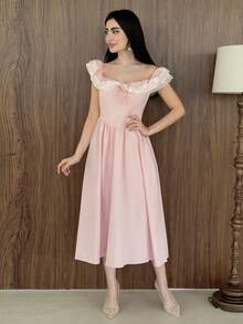 Yasmeen Edit Yasmeen Edit Gaun Wanita Warna Pink Muda dengan Detail Renda dan Bahu Terbuka, Gaun Pesta Teh Gaya Pondok Musim Panas, Gaun Tamu Pernikahan Elegan, Gaun Pesta Kebun dengan Potongan Ramping - Berwarna merah muda - View 1