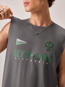 Strevion Harry Potter 男士休闲百搭哈利波特斯莱特林主题运动风徽章印花元素背心 - 深灰色 - 查看 8