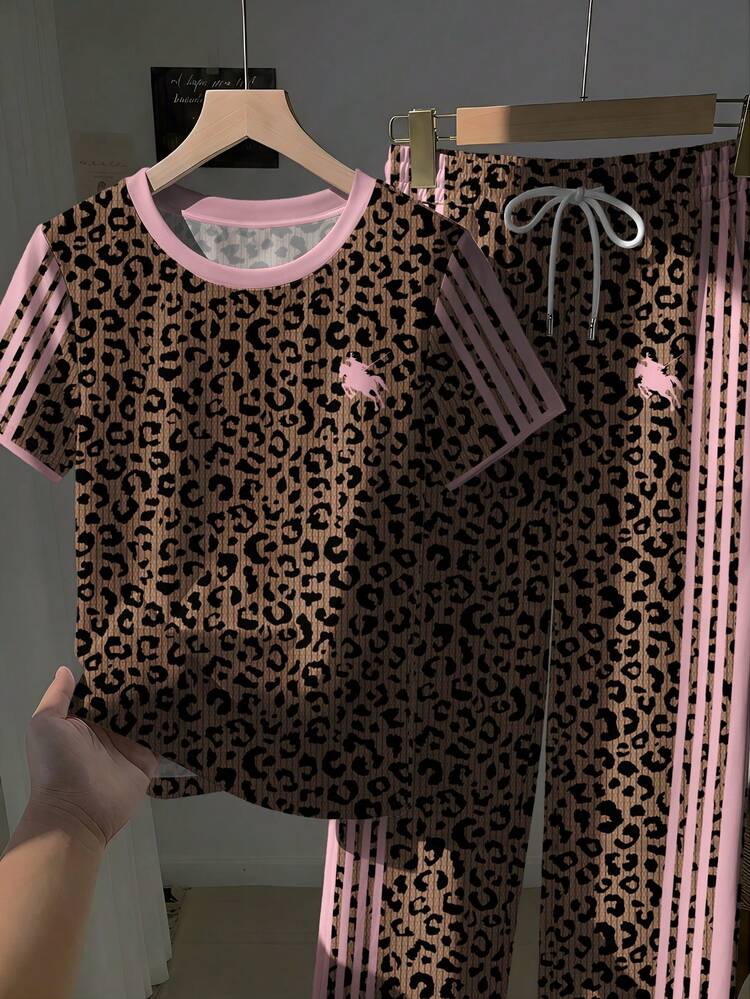 SHEIN EZwear Set 2 potong Atasan Lengan Pendek Leher Bulat Bordir dan Celana Motif Garis-garis, Kasual - MultiWarna - View 3