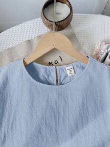 SHEIN 青少年女孩 T-Shirt 套裝 梭織純色短袖 T-Shirt 與碎花長褲休閒套裝 - 藍色 - 查看 7
