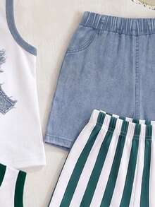 SHEIN Playful Pals 3 Sets  Casual Classic Faux Pattern, Sun Pattern, Color Block Patchwork Pattern Printed Sleeveless Tank Top And Matching Printed Shorts,School Clothes - Multicolor - View 6