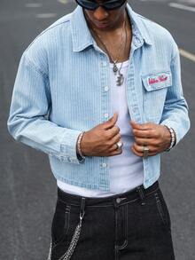STEELVANCE Men's Streetwear Casual Embroidered Vertical Striped Blue Cargo Denim Shirt - Light Wash - View 3