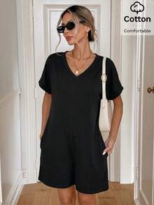 Easowa Women's Solid Color V-Neck Short Sleeve Pocket Casual Basic Modest Romper Travel Black Summer Cotton Is Comfortable Everyday Travel Real Pocket - Black - View 5