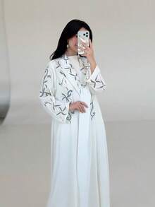 Yasmeen Edit Yasmeen Edit 优雅刺绣阿巴雅开衫，迪拜风格女士长袍，春季白色 - 白色 - 查看 1