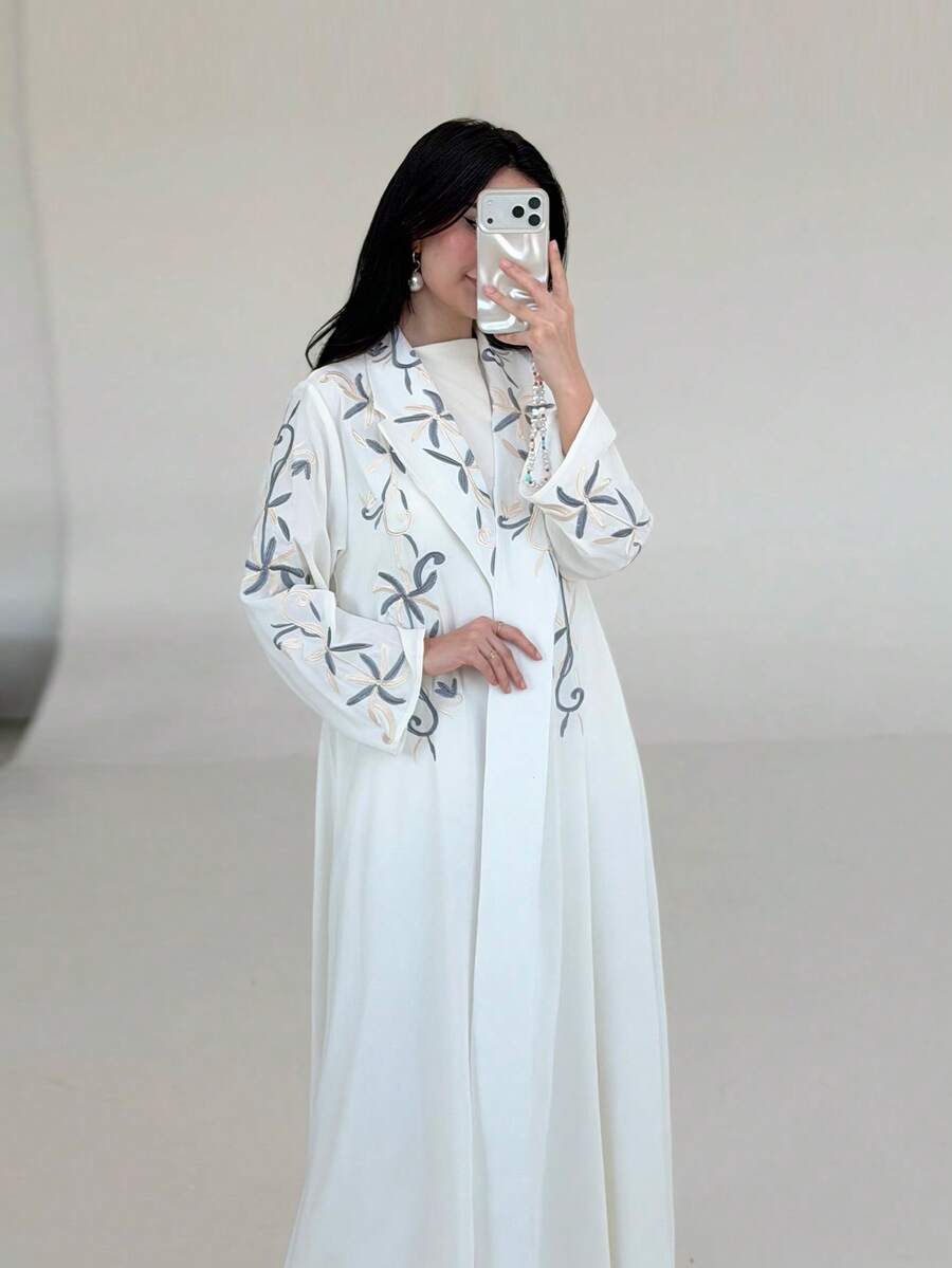 Yasmeen Edit Yasmeen Edit 优雅刺绣阿巴雅开衫,迪拜风格女士长袍,春季白色 - 白色 - 查看 1
