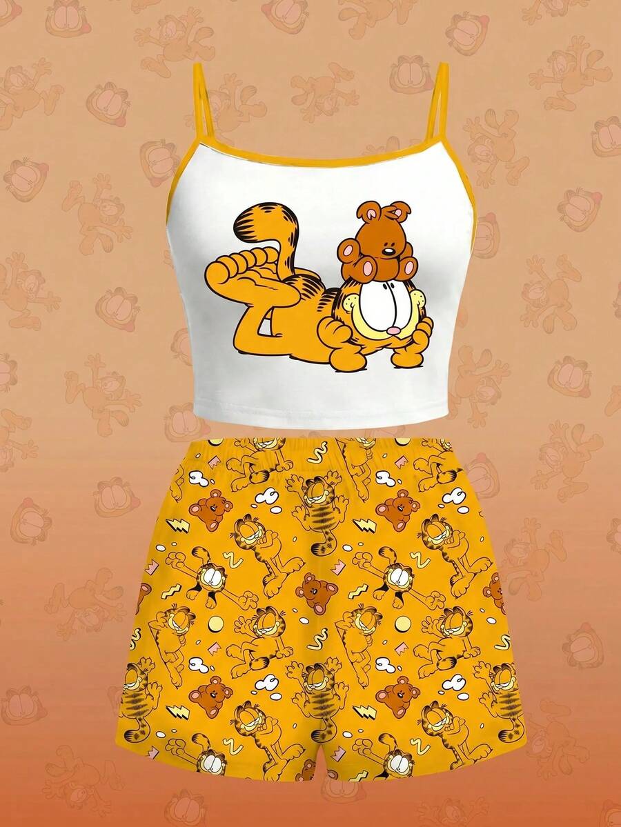 GARFIELD | SHEIN 女款吊帶背心與短褲睡衣套裝,黃色對比,白色上衣,居家服,卡通圖案,可愛圖案,可愛睡衣套裝,圖案睡衣套裝,返校季,Y2K,休閒 - 黃色 - 查看 1
