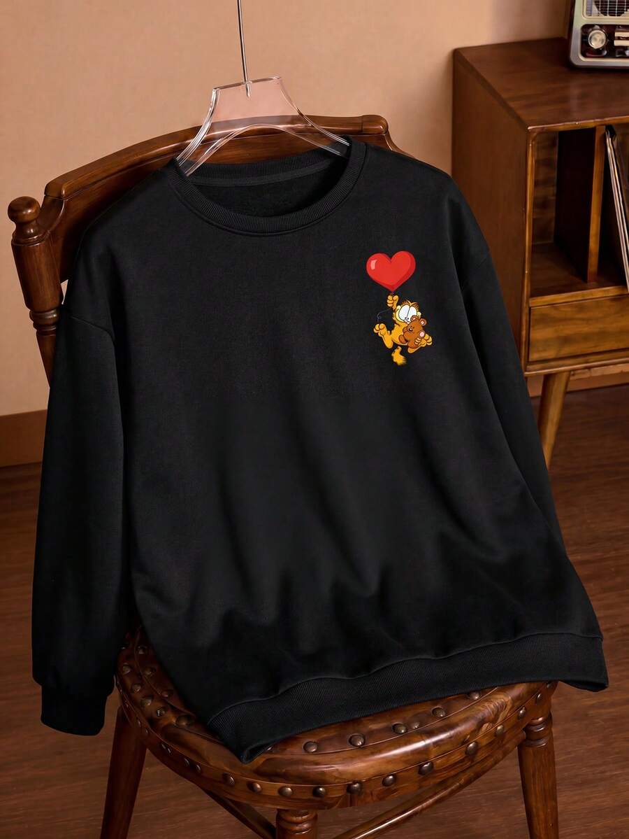 GARFIELD | SHEIN Plus Cartoon Print Drop Shoulder Sweatshirt Winter Fall Autumn/Valentine's Day - Black - View 1