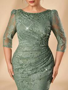 Serin Plus Size Elegant Classy Beaded Rhinestone Patchwork Elastic Lace Sheer Sleeve Ruched Mermaid Skirt Wedding Formal Party Evening Olive Green Fall - Green - View 2