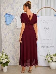 Loomaby Elegant Solid Color Maternity Party Dress - Burgundy - View 10
