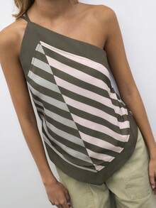 Nöista Striped Halter Top Featuring Adjustable Straps And A Bow Tie Back, Perfect For Summer, Fall, Vacation, Beach And Party Looks, Festival Looks - Olive Green - View 3