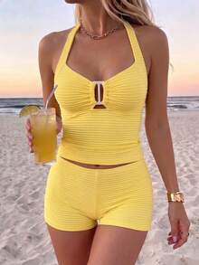 SHEIN Swim Springbreak 女款海灘派對度假性感熱帶細肩帶比基尼兩件套 短版上衣 紋理條紋布料 高腰 黃色 夏季 - 黃色 - 查看 3