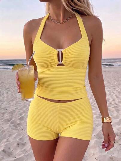 Vaclyn Springbreak Women's New Beach Elegant Camisole Bikini 2-Piece Set, Basic Crop Top, Textured Striped Fabric High-Waist Bikini Set