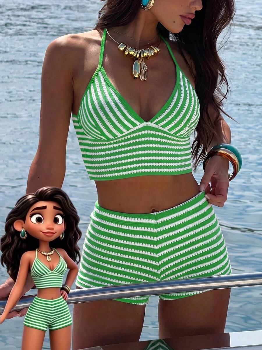 SHEIN Swim 多色針織面料掛脖V領上衣,側綁帶下擺,優雅度假女款泳裝套裝 - 彩色 - 查看 1