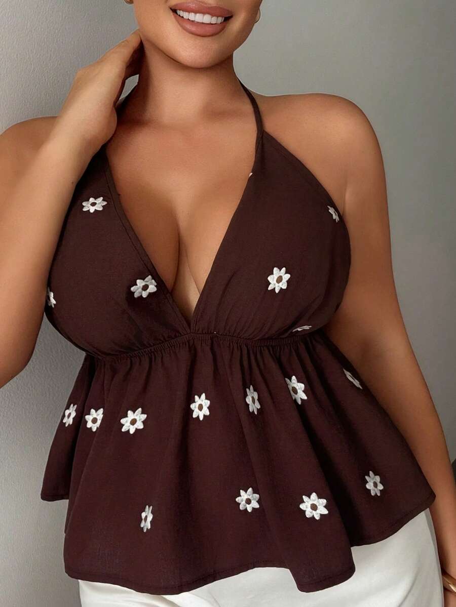 Dazy Plus Summer Vacation Style Floral Embroidered All-Over Print Spaghetti Strap Camisole Minimalist Sexy Casual Early Autumn Tank Top Going Out Tops - Brown - View 1
