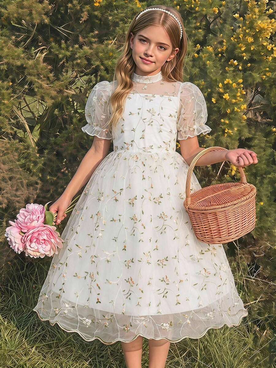 Wedding Season Girls' Elegant Tulle Embroidered Petal Sleeve Cinched Waist Fluffy Dress, Ball Gown For Dance, Performance, Party, Birthday - White - View 1