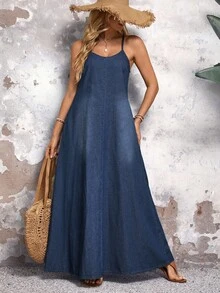 EMERY ROSE Vestido informal de mezclilla con tirantes y mangas sin mangas en unicolor para el verano - Azul lavado oscuro - Ver 4