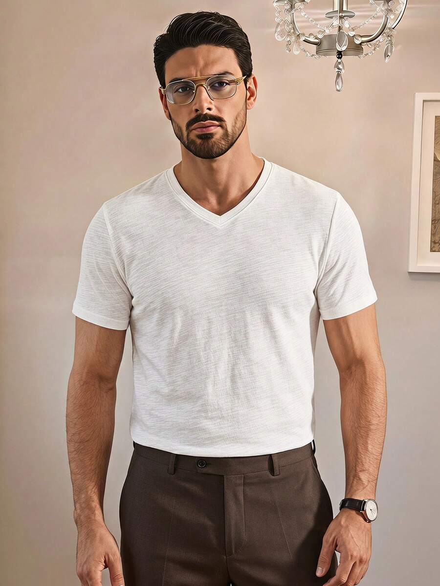 SIGLOCORE Men's Solid Color V-Neck Short Sleeve Casual Versatile T-Shirt - White - View 1