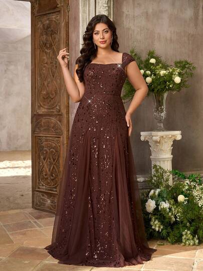 Aureia Plus Size Elegant Glamorous Brown Sequin Patchwork Mesh Cap Sleeve Sweetheart Neckline Mesh Insert A-Line Maxi Dress, Suitable For Vacation, Wedding, Event, Ball, Birthday Party, Formal Evening Gala