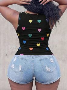 Slaydiva Blusa casual versátil ajustada con fruncido y estampado de corazones para mujer talla grande - Negro - Ver 2