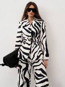 Aveloria Modichic Women's Zebra Print Large Gold Buckle Wide Belt Long Sleeve Blazer Loose Zebra Print Suit Pants Suit Set - White - View 7