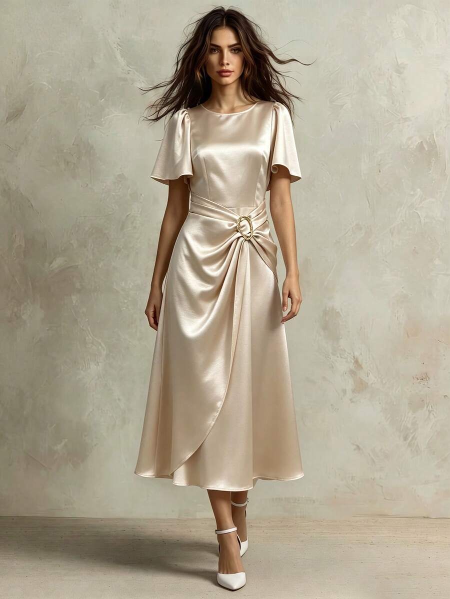 Franclia 女士优雅连衣裙、派对连衣裙、亮面连衣裙、缎面连衣裙、金属装饰连衣裙、喇叭袖连衣裙、圆领连衣裙、春夏连衣裙 - 杏色 - 查看 1