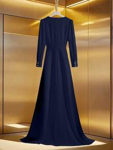 Franclia Vestido elegante de fiesta de unicolor con mangas abullonadas - Azul Marino - Ver 2