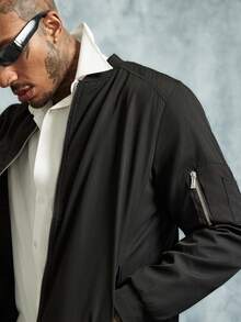 INCRYTM Men's Solid Color Long Sleeve Zip-Up Collar Fleece Casual Baseball Jacket, Autumn/Winter - Black - View 3
