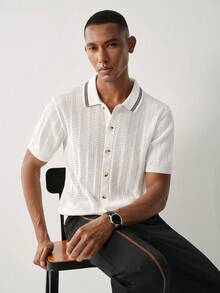 Manfinity CityGents 男士條紋拼接配色單排扣短袖針織上衣 - 彩色 - 查看 4