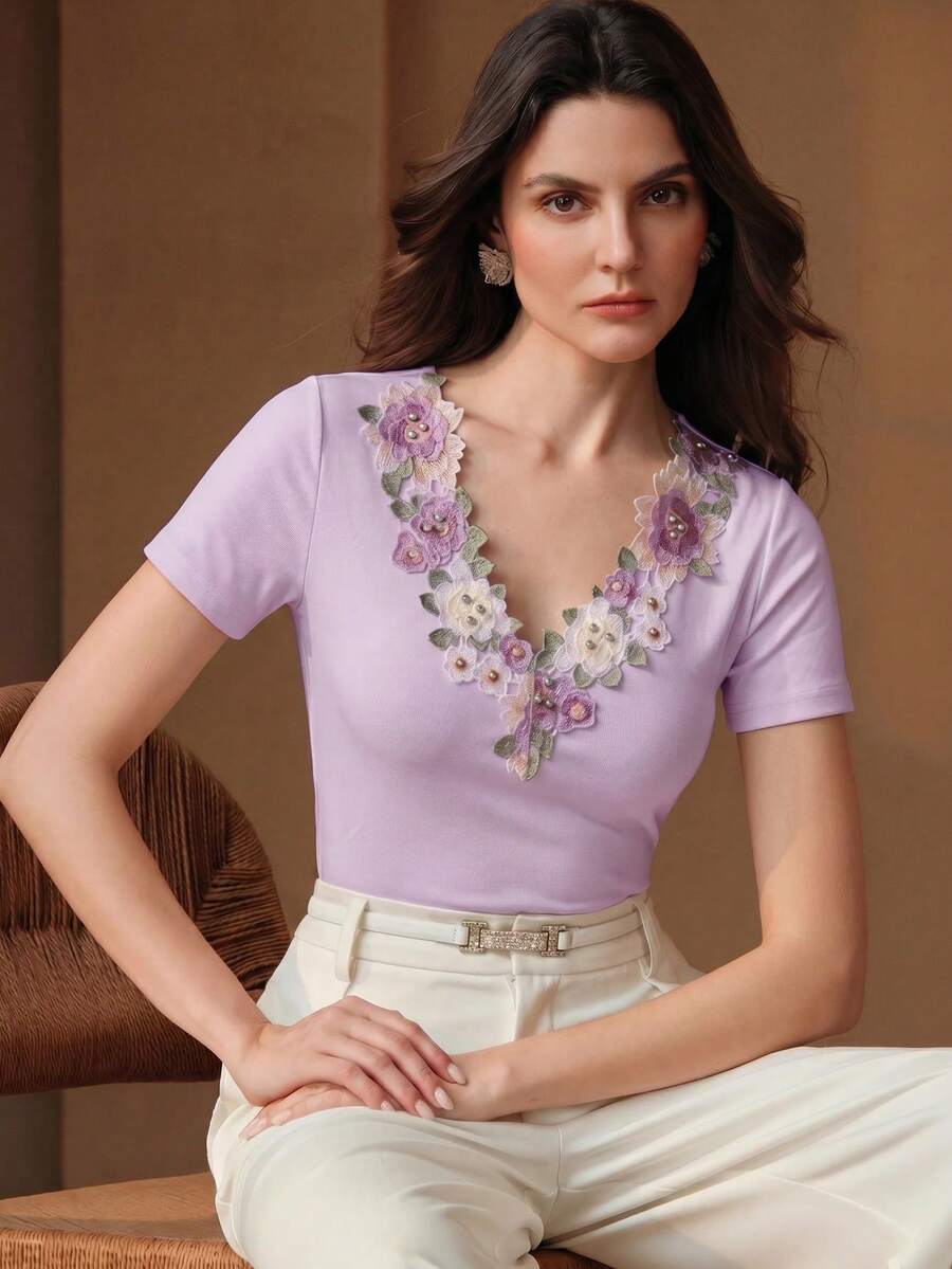 Anewsta Women's New Summer Elegant French Romantic Short Sleeve Top With Floral Hollow Embroidery And Rhinestone V-Neck Design - Purple - View 1