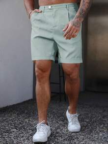 Manfinity Homme Pantalones cortos casuales versátiles de unicolor con bolsillo para hombres de talla grande, para uso diario y viajes - Verde - Ver 5