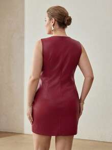 MOTF PREMIUM PLUS SIZE WOMEN'S PU LEATHER HOLLOW EMBROIDERY TANK DRESS WITHOUT BELT FALL - Red - View 6