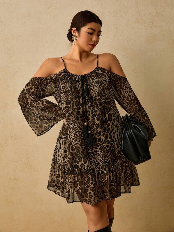 Travachic Plus Size Women's Leopard Print Front Tie Off-Shoulder Long Sleeve Fashion Dress