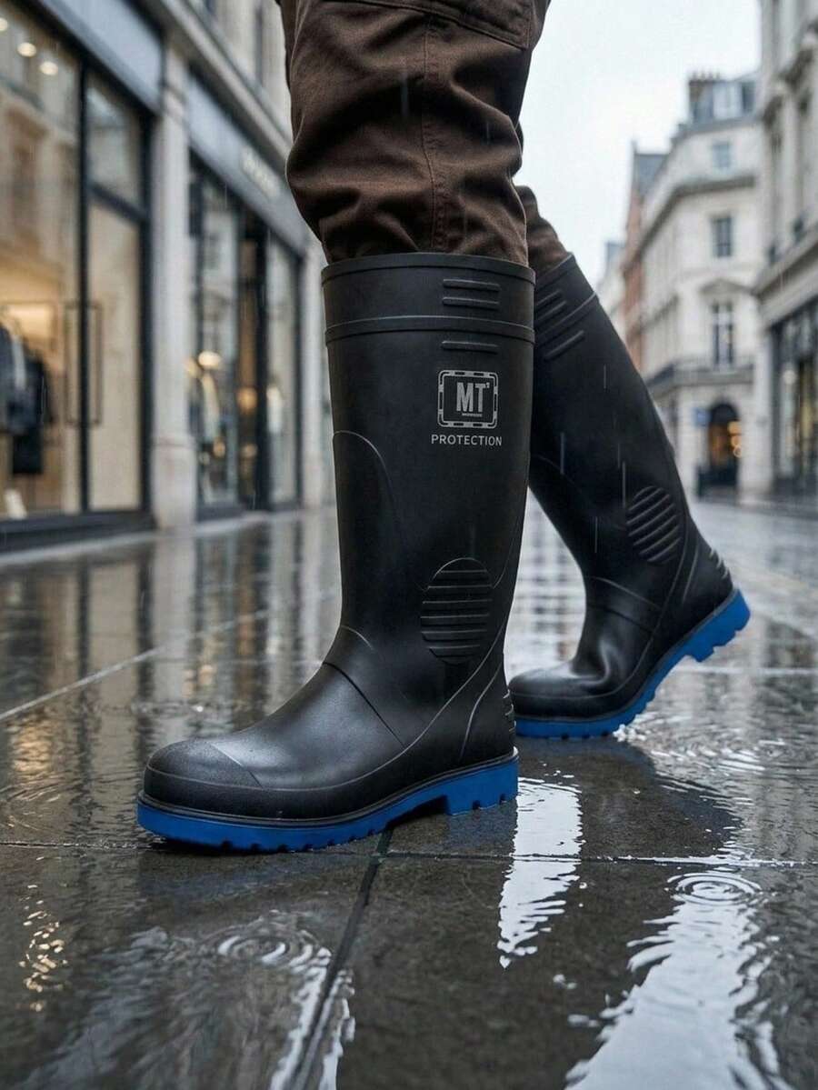 Botas resistentes para lluvia de moda para hombre impermeables con diseño de la caña alta amplía la protección, resguardando pies y pantorrillas de salpicaduras. - Negro - Ver 1
