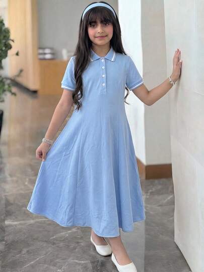 SHEIN Tween Girl Casual Comfortable Stand Collar Colorblock Ribbed Solid Color Dress, Back To School, Princess Dress