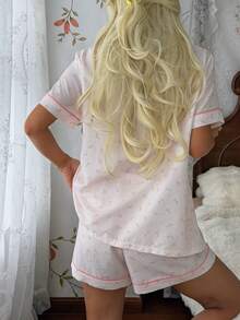 CottageSlumber Romantic Ditsy Floral Lapel Short Sleeve Shorts Pajama Set - Baby Pink - View 2
