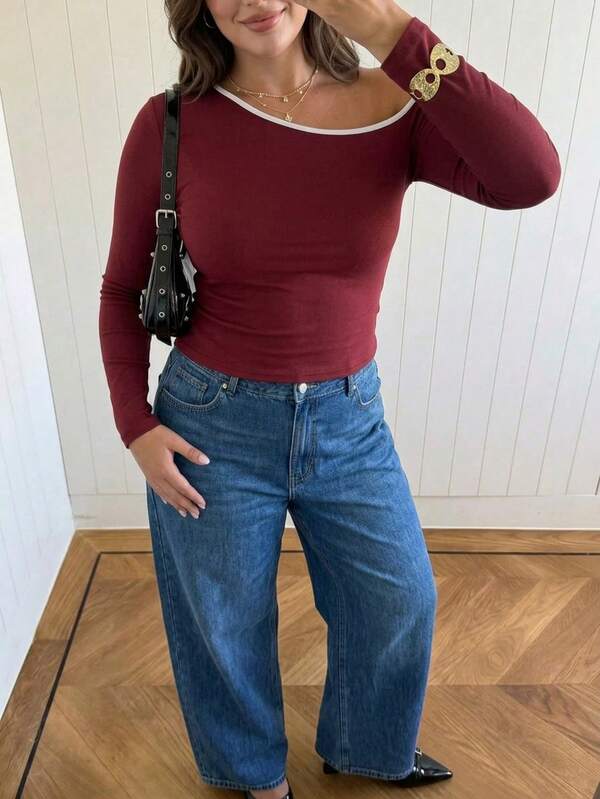Solavibe Plus Size Autumn Casual Asymmetrical Collar Long Sleeve T-Shirt, Burgundy Diagonal Neck Cropped Tee, One Shoulder Top Bussines Date Night Birthday