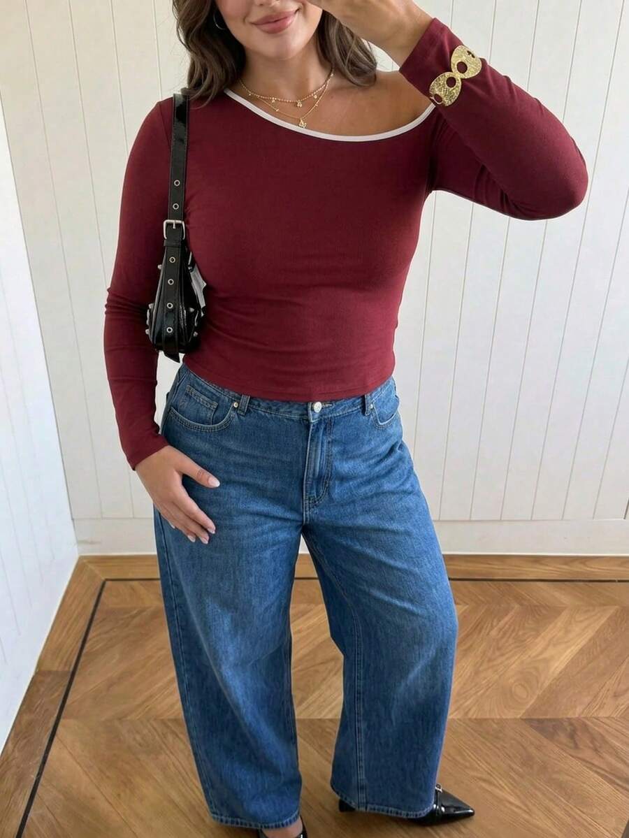 Solavibe Plus Size Spring/Autumn Casual Simple Normal Asymmetrical Collar Long Sleeve T-Shirt Dates Fashion Week Vacation Burgundy - Burgundy - View 1
