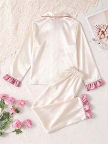 女童淺粉色緞面純色刺繡荷葉袖長袖居家服褲裝兩件套，春秋款 - 粉色 - 查看 2