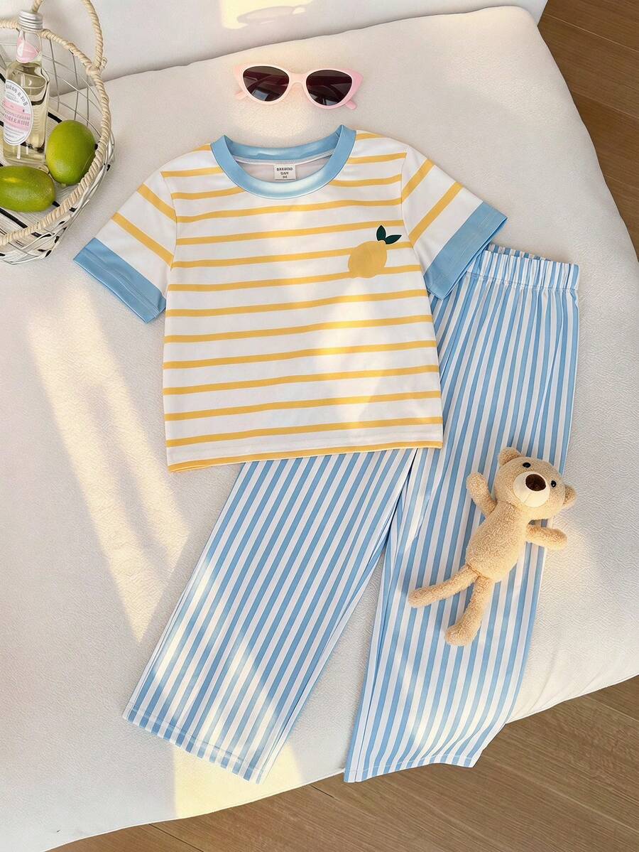 Genkimix Kids 2件組女童紋理圖案T恤搭配3D花朵裝飾休閒長褲,適合日常休閒穿著 - 彩色 - 查看 1