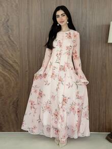 Yasmeen Edit Yasmeen Edit 花卉印花蘑菇鈕扣裝飾優雅阿拉伯風洋裝，粉色度假風 - 粉色 - 查看 3