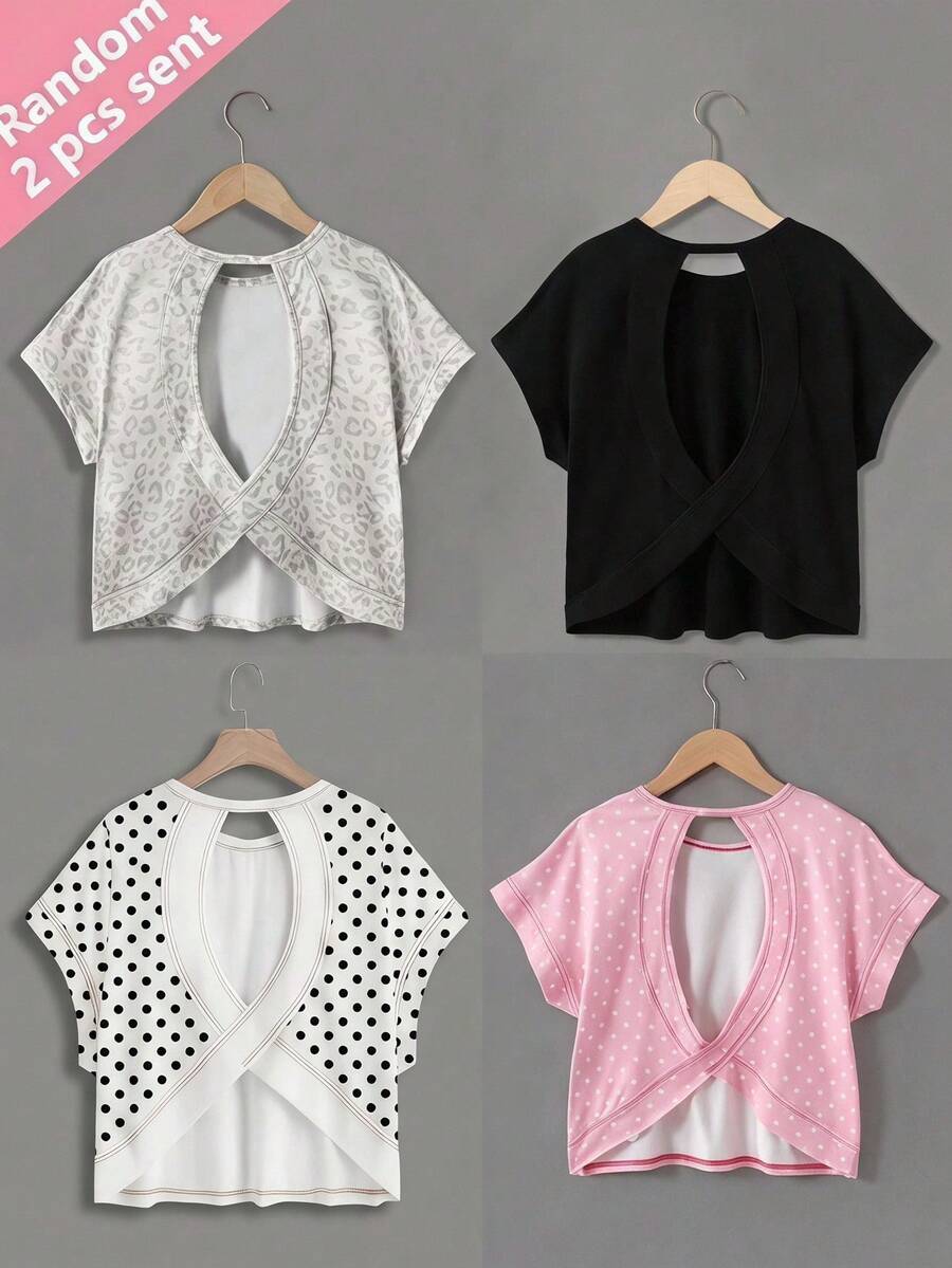 SHEIN Tween女孩 2件組時尚後背交叉開口對比線條設計肩袖開學穿搭 - 黑與白 - 查看 1