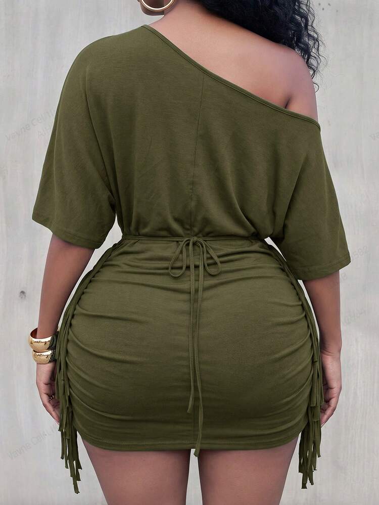Slaydiva Plus Size Women's Letter Print Asymmetric Shoulder Batwing Sleeve Ruched Tassel Trim Fitted Dress Date Night Vacation Office Army Green Autumn Casual - Army Green - View 3