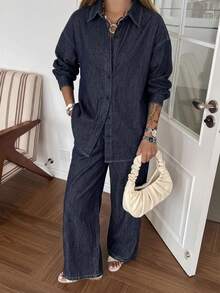 DAZY 春夏女款牛仔套裝，寬鬆休閒復古做舊長袖襯衫搭配直筒長褲 - 深色水洗藍 - 查看 4