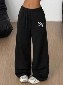 SHEIN Tween Girls Black Casual Sweatpants With Letter Embroidery And Drawstring, Loose Fit - Black - View 7